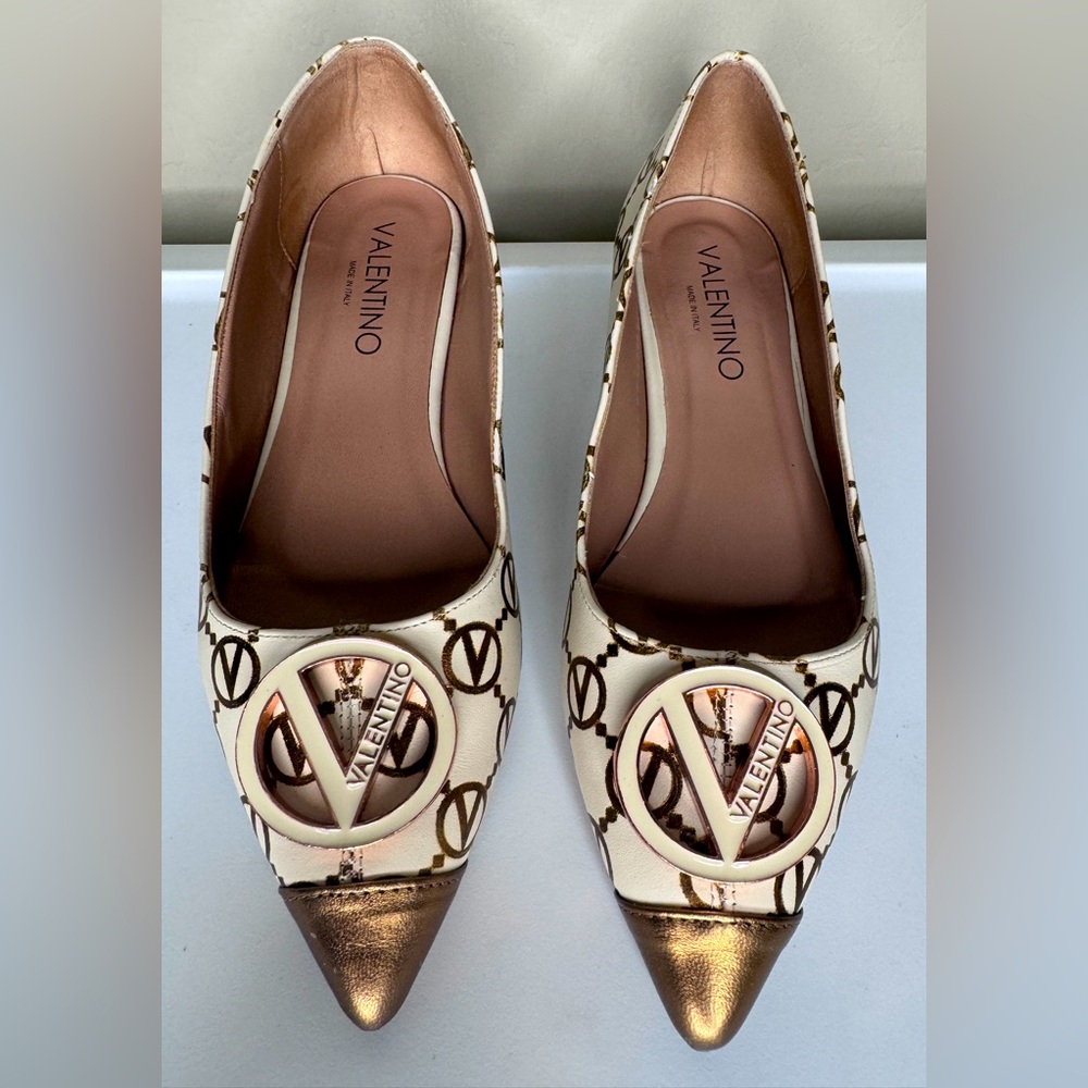 Valentino Cream Logo Ballet Flats with Gold Caps